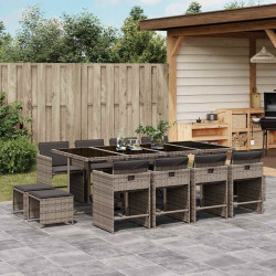 13 Pcs conjunto jantar p/ jardim c/ almofadões vime PE cinzento