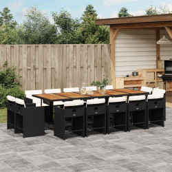 15 Pcs conjunto de jantar p/jardim com almofadões vime PE preto