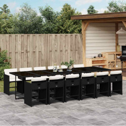 13 Pcs conjunto de jantar p/jardim com almofadões vime PE preto