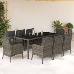 9 Pcs conjunto de jantar p/ jardim c/ almofadões vime PE cinza