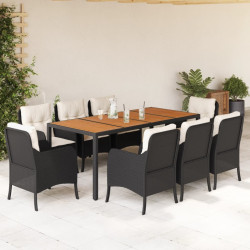 9 Pcs conjunto de jantar p/ jardim c/ almofadões vime PE preto