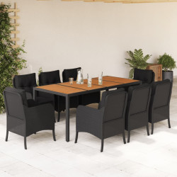 9 Pcs conjunto de jantar p/ jardim c/ almofadões vime PE preto