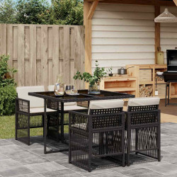 5 Pcs conjunto de jantar p/ jardim c/ almofadões vime PE preto