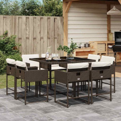 9 Pcs conjunto jantar p/ jardim c/ almofadões vime PE castanho