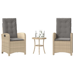 3 Pcs conjunto bistrô com almofadões vime PE bege misturado