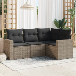 4 Pcs conjunto sofás de jardim c/ almofadões vime PE cinzento
