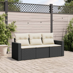 3 Pcs conjunto sofás de jardim com almofadões vime PE preto