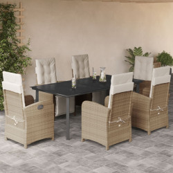 7 Pcs conjunto de jantar p/ jardim com almofadões vime PE bege