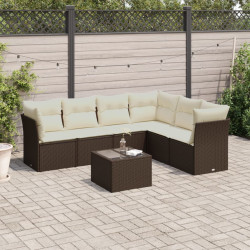 7 Pcs conjunto de sofás jardim c/ almofadões vime PE castanho