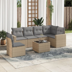 7 Pcs conjunto de sofás p/ jardim com almofadões vime PE bege