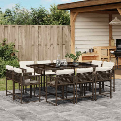 11 Pcs conjunto jantar p/ jardim c/ almofadões vime PE castanho