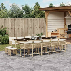 15 Pcs conjunto de jantar p/ jardim com almofadões vime PE bege