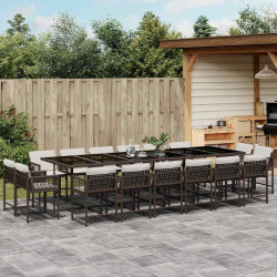 17 Pcs conjunto jantar p/ jardim c/ almofadões vime PE castanho