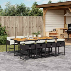 9 Pcs conjunto de jantar p/ jardim c/ almofadões vime PE preto