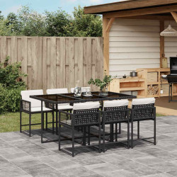 7 Pcs conjunto de jantar p/ jardim c/ almofadões vime PE preto