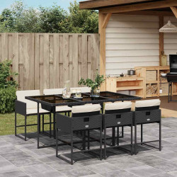7 Pcs conjunto de jantar p/ jardim c/ almofadões vime PE preto