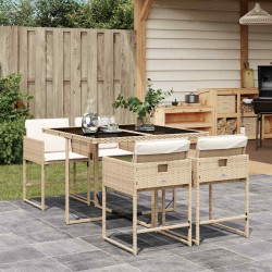 5 Pcs conjunto de jantar p/ jardim com almofadões vime PE bege