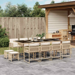 13 Pcs conjunto de jantar p/ jardim com almofadões vime PE bege