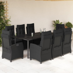 9 Pcs conjunto de jantar p/ jardim c/ almofadões vime PE preto