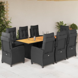 9 Pcs conjunto de jantar p/ jardim c/ almofadões vime PE preto
