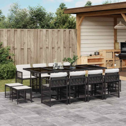 13 Pcs conjunto de jantar p/jardim com almofadões vime PE preto