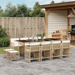 13 Pcs conjunto de jantar p/ jardim com almofadões vime PE bege