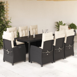 9 Pcs conjunto de jantar p/ jardim c/ almofadões vime PE preto