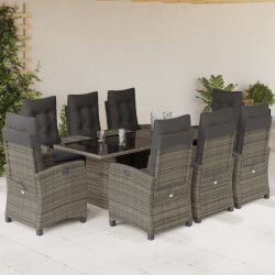 9 Pcs conjunto de jantar p/ jardim c/ almofadões vime PE cinza