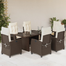 7 Pcs conjunto jantar p/ jardim c/ almofadões vime PE castanho