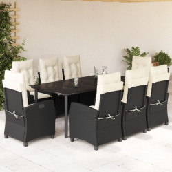 9 Pcs conjunto de jantar p/ jardim c/ almofadões vime PE preto