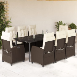 9 Pcs conjunto jantar p/ jardim c/ almofadões vime PE castanho