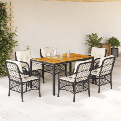 7 Pcs conjunto de jantar p/ jardim c/ almofadões vime PE preto