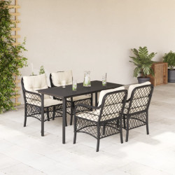 5 Pcs conjunto de jantar p/ jardim c/ almofadões vime PE preto