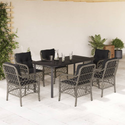 7 Pcs conjunto de jantar p/ jardim c/ almofadões vime PE cinza