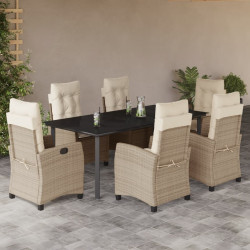 7 Pcs conjunto de jantar p/ jardim com almofadões vime PE bege