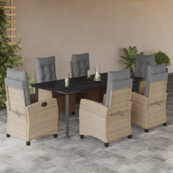 7 Pcs conj. jantar jardim c/ almofadões vime PE bege misturado