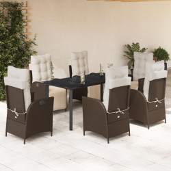 7 Pcs conjunto jantar p/ jardim c/ almofadões vime PE castanho