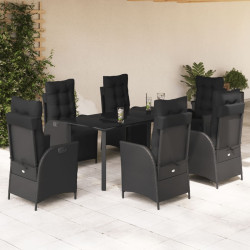 7 Pcs conjunto de jantar p/ jardim c/ almofadões vime PE preto