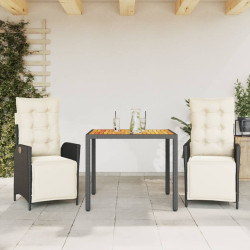 3 Pcs conjunto de jantar p/ jardim c/ almofadões vime PE preto