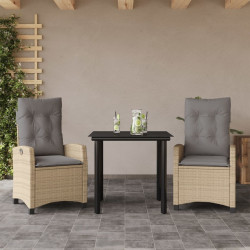 3 Pcs conj. jantar jardim c/ almofadões vime PE bege misturado