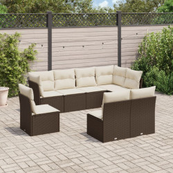 8 Pcs conjunto sofás de jardim c/ almofadões vime PE castanho