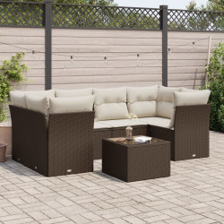 7 Pcs conjunto de sofás jardim c/ almofadões vime PE castanho