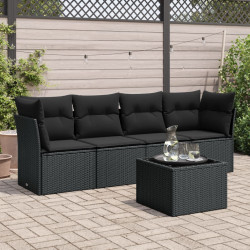 5 Pcs conjunto sofás de jardim com almofadões vime PE preto
