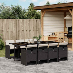 9 Pcs conjunto de jantar p/ jardim c/ almofadões vime PE preto