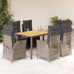 7 Pcs conjunto de jantar p/ jardim c/ almofadões vime PE cinza