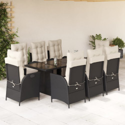 9 Pcs conjunto de jantar p/ jardim c/ almofadões vime PE preto