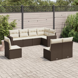 8 Pcs conjunto sofás de jardim c/ almofadões vime PE castanho