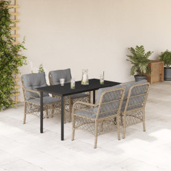 5Pcs conj. jantar jardim c/ almofadões vime PE bege misturado