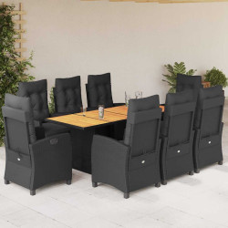 9 Pcs conjunto de jantar p/ jardim c/ almofadões vime PE preto