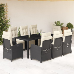 9 Pcs conjunto de jantar p/ jardim c/ almofadões vime PE preto
